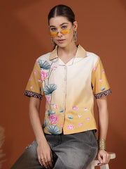 Mustard Digital Printed Spread Collar Crop Shirt