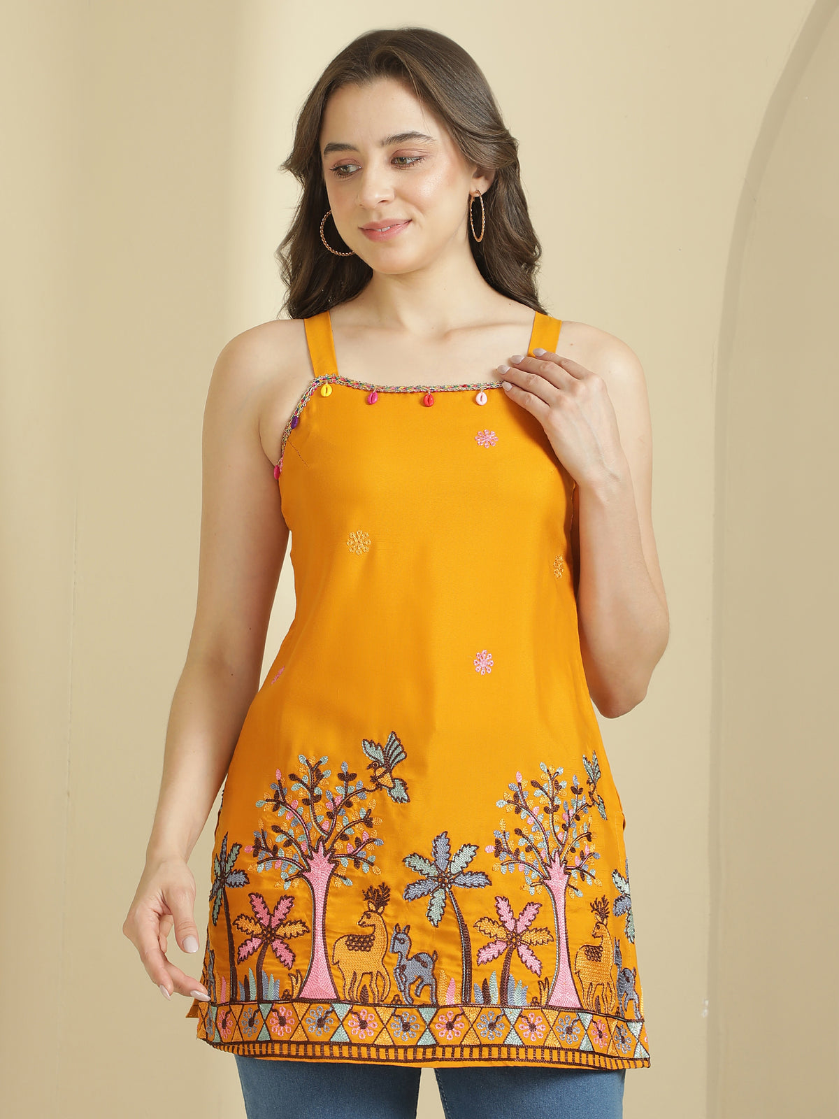 Mustard Ethnic Motifs Embroidered Strap Neck Panelled Kurti