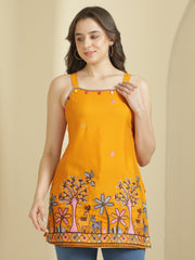 Mustard Ethnic Motifs Embroidered Strap Neck Panelled Kurti