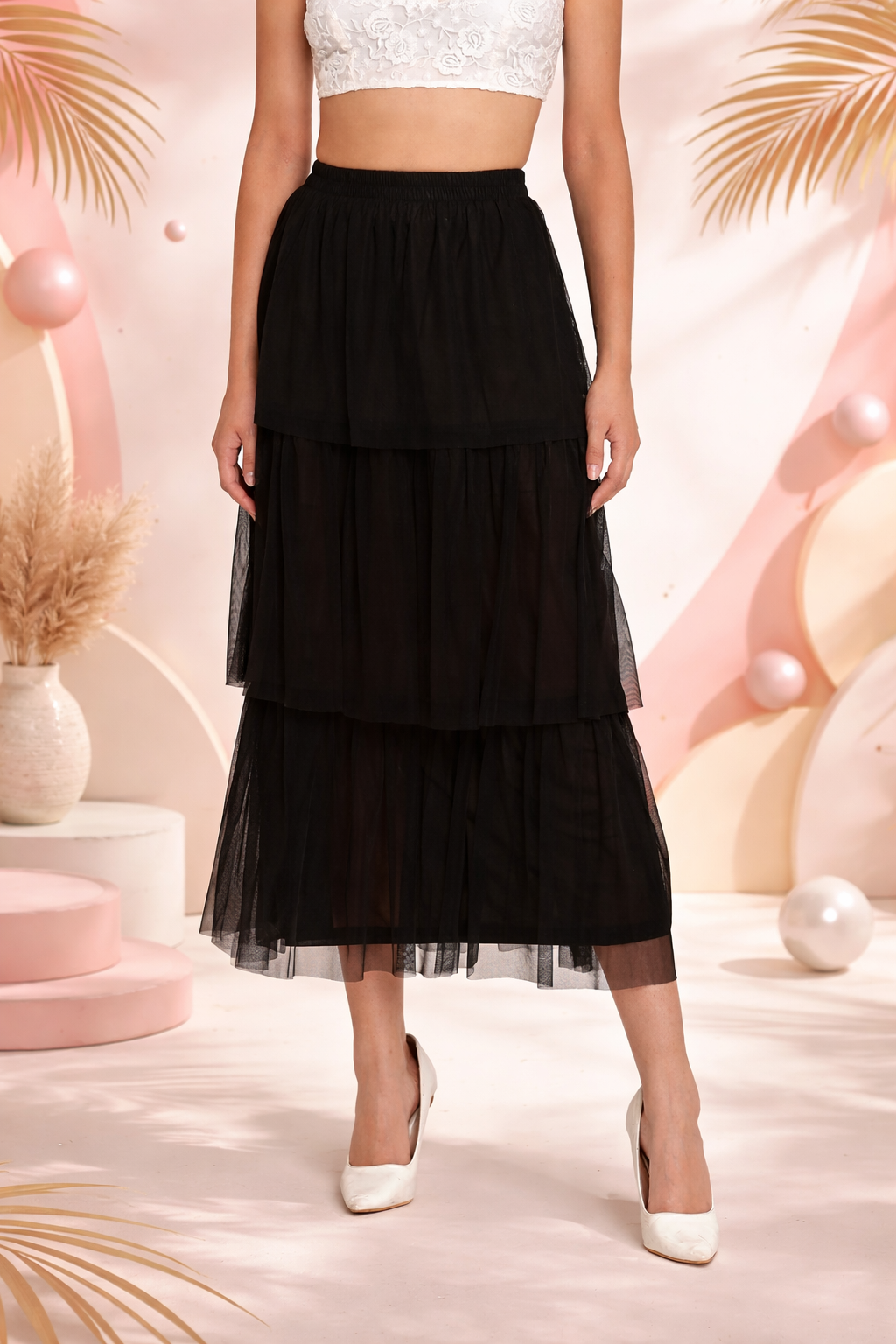 Black Layered Midi Net Skirt