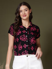 Dynamic Black Print Shirt Style Top