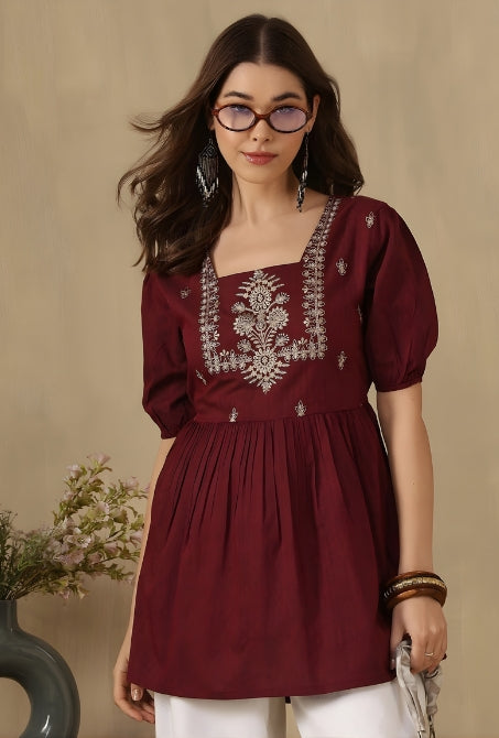 Embroidered Puff Sleeve Peplum Top ( Maroon)