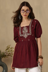 Embroidered Puff Sleeve Peplum Top ( Maroon)
