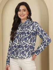 Floral Printed Spread Collar  Linen Shirt