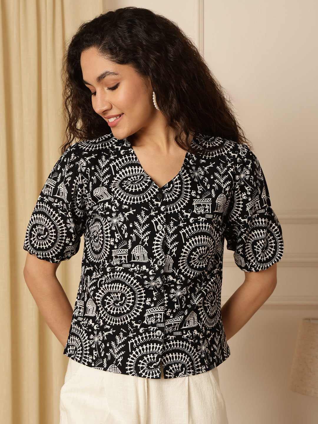 Black Warli Print Puff Sleeve Cotton Shirt Style Top