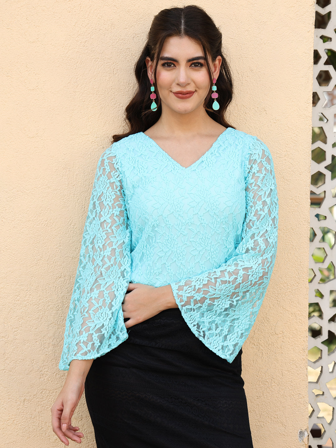 Floral Flared Sleeve Lace Blouson Sky Blue Top