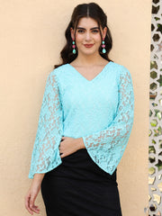 Floral Flared Sleeve Lace Blouson Sky Blue Top