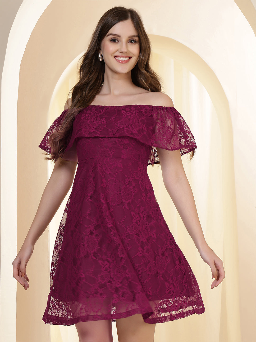 Off-Shoulder Ruffled Lace Fit & Flare Dress