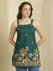 Green Ethnic Motifs Embroidered Strap Neck Panelled Kurti