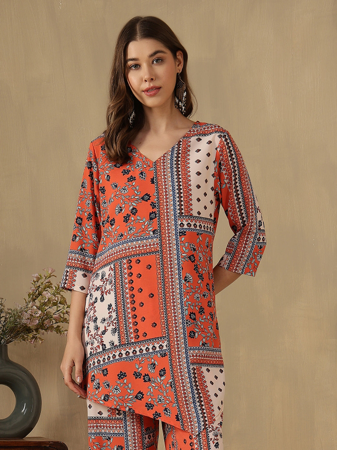Orange Printed V-Neck Asymmetric Hem Kurti