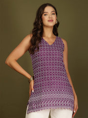 Floral Embroidered V-Neck Chikankari Straight Kurti (Wine)