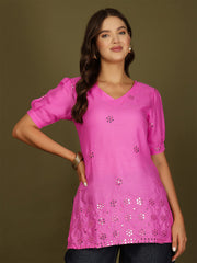 Mirror Work Puff Short Sleeves Kurti (Fuchsia)