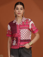 Cream Digital Printed Spread Collar Crop Shirt