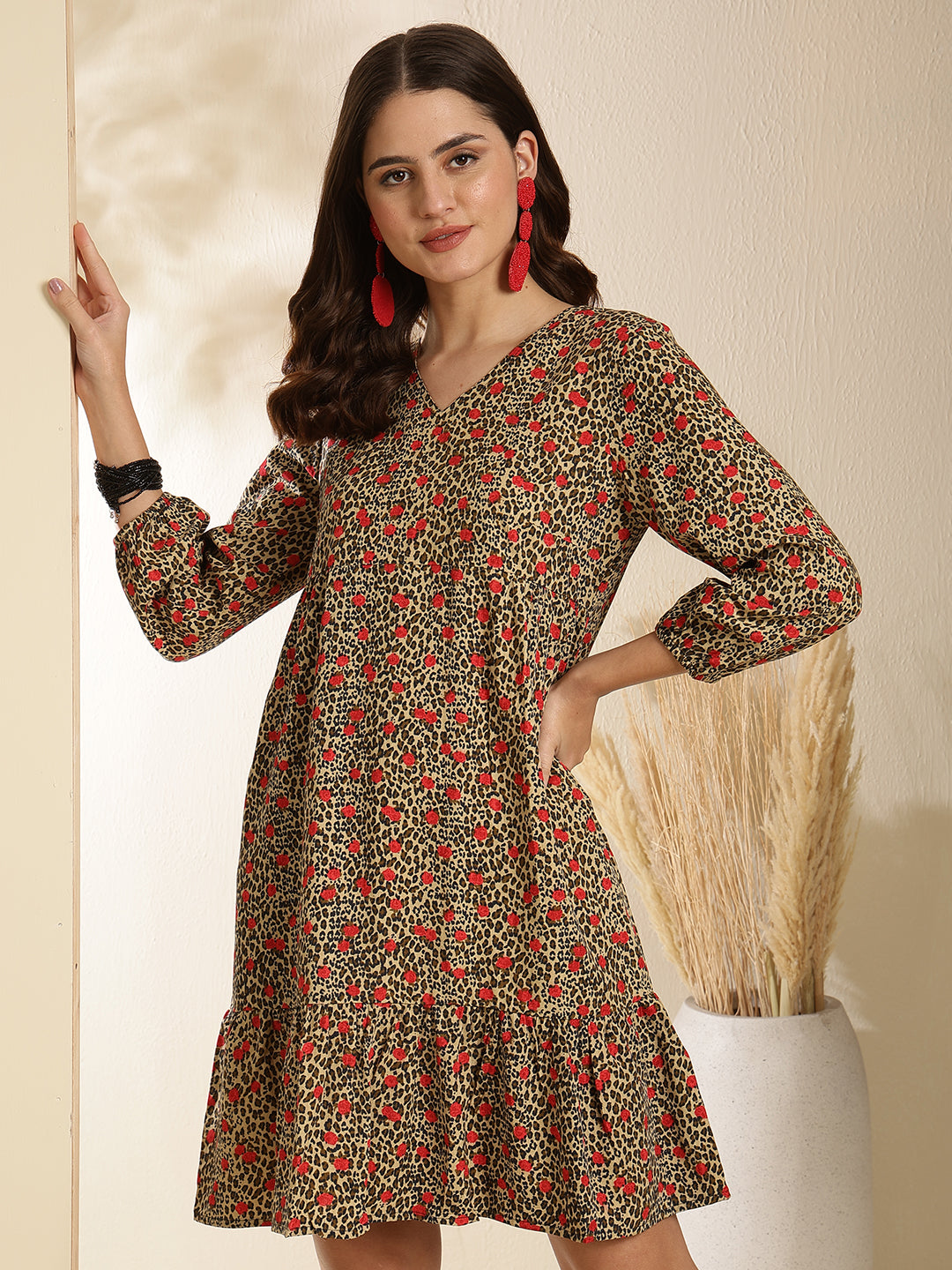 Khaki animal print a-line dress