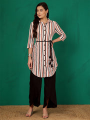 Tan Mandarin Collar Striped Sheer Tunic
