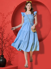 Sky Blue Flutter Sleeve Crepe A-Line Midi Dress