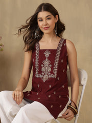 Maroon Ethnic Motifs Embroidered Square Neck Kurti