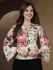 Abstract Print Flare Sleeves Front Open Top (Peach)