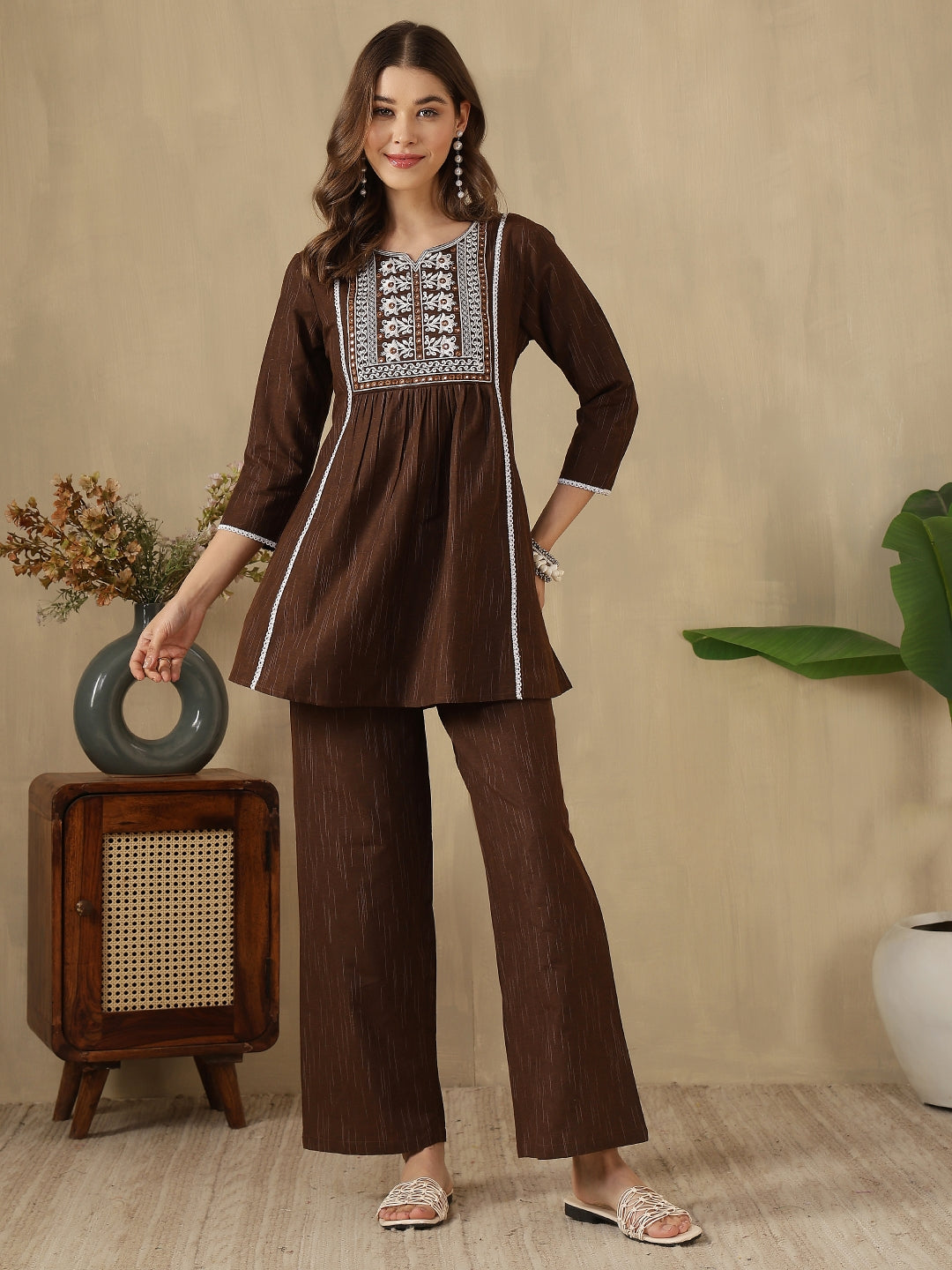 Coffee Brown Embroidered Peplum Style Khadi Co-ord Set