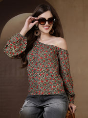 Animal Print One Shoulder Top (Khaki)