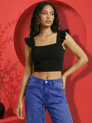 V-Neck Sleeveless Corduroy Finish Knit Crop Top