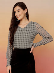 Polka Dot Print Puff Sleeve Georgette Blouson Top