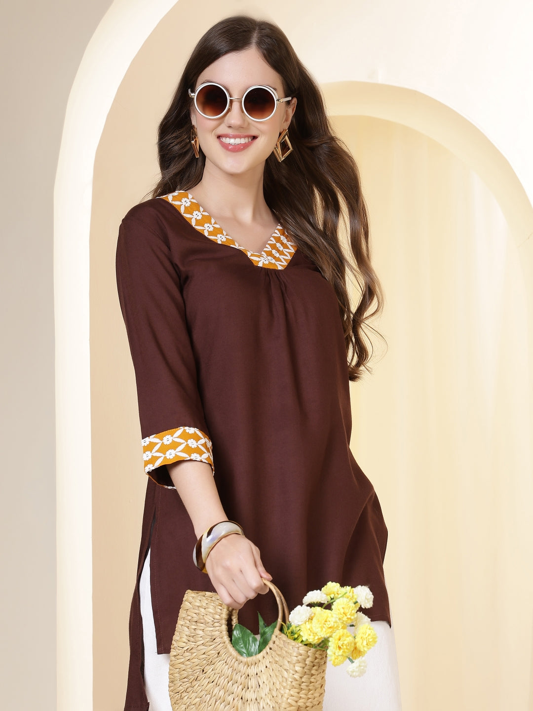 Coffee Brown V-Neck Thread Work High-Low Kurti