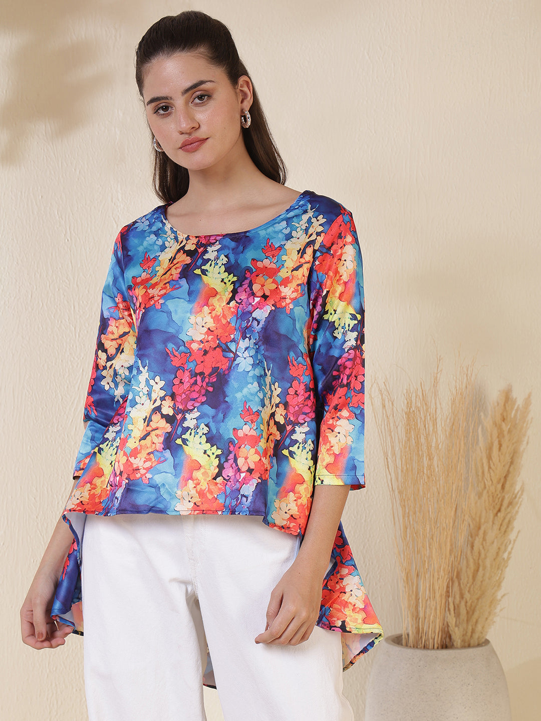 Floral Print Satin High-Low Top