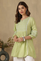 Embroidered Puff Sleeves Peplum Top ( Sea Green )