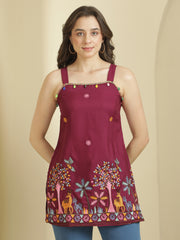 Burgundy Ethnic Motifs Embroidered Strap Neck Panelled Kurti