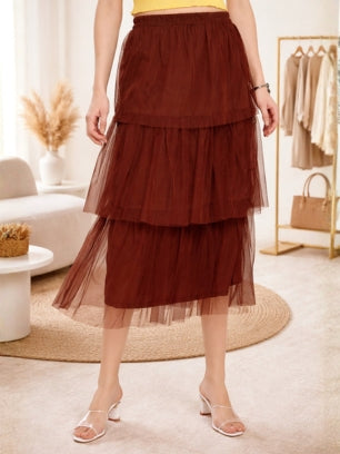 Layered Midi Net Skirt - Coffee Color