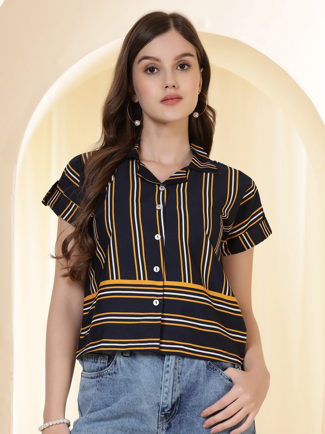 Navy Blue Striped Spread Collar Crop Shirt