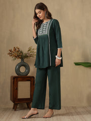 Green Embroidered Peplum Style Khadi Co-ord Set