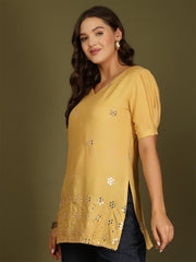 Mirror Work Puff Short Sleeves Kurti (Beige)