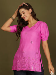 Mirror Work Puff Short Sleeves Kurti (Fuchsia)