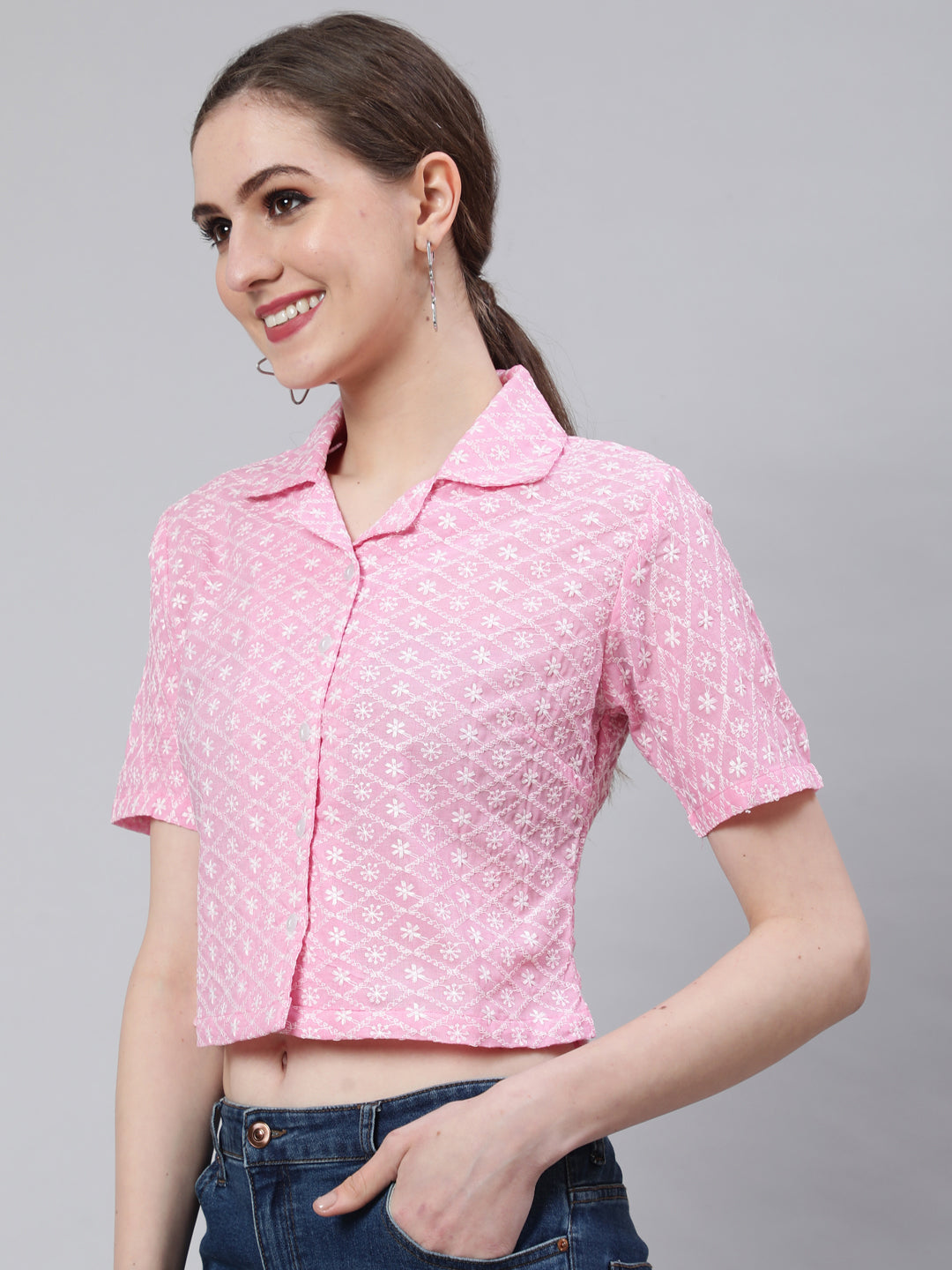 Floral Embroidered Pink  Shirt Style Top
