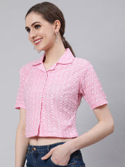 Floral Embroidered Pink  Shirt Style Top