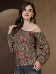 Animal Print One Shoulder Top (Khaki)