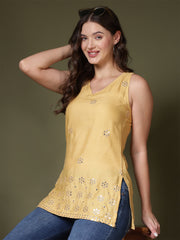 Mirror Work Sleeveless Kurti (Beige)