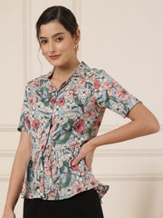 Floral Printed Shirt Collar Peplum Top