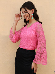 Floral Flared Sleeve Lace Blouson Fuchsia Top