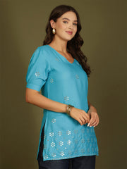 Mirror Work Puff Short Sleeves Kurti (Turquoise)