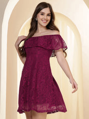 Off-Shoulder Ruffled Lace Fit & Flare Dress