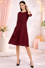 Women Burgundy Lace Fit and Flare Dress