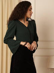 Green Puff Sleeves Solid Blouson Top
