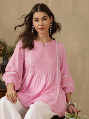 Embroidered Puff Sleeves Peplum Top ( Pink )