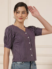 Striped Puff Sleeves Shirt Style Top