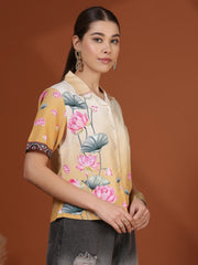 Mustard Digital Printed Spread Collar Crop Shirt