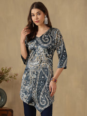 Teal Paisley Printed V-Neck Asymmetric Hem Kurti