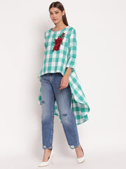 Green & White Checked High Low Hem Tunic